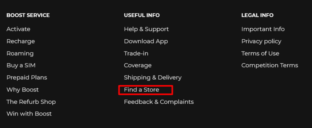 ‘Find A Store’ with a red border around it, words written in white all on a black background.
