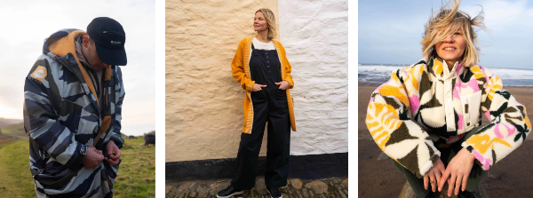 A collage of one men and two women wearing Saltrock clothing