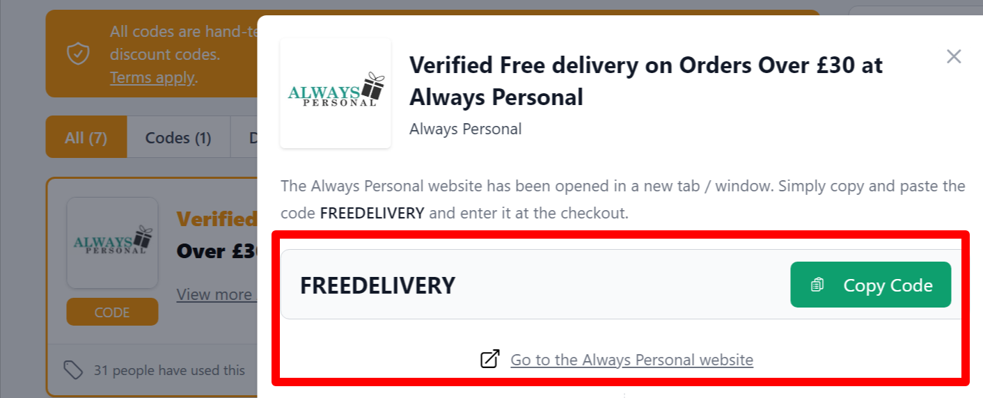 a highlighted link that customers can click after copying their Always Personal discount code
