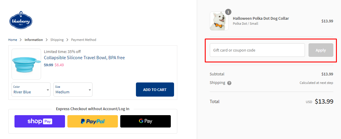 How do I use my Blueberry Pet coupon code?