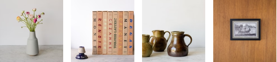 displayed Elsie Green items for wall and table decor, three have white backgrounds and the other brown