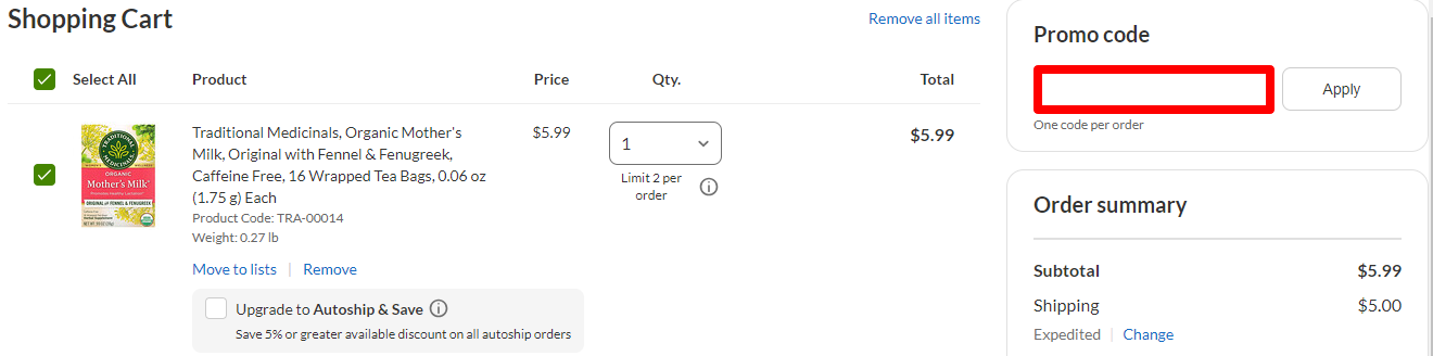iHerb promo code box marked in red where customers put their code for it to be redeemed