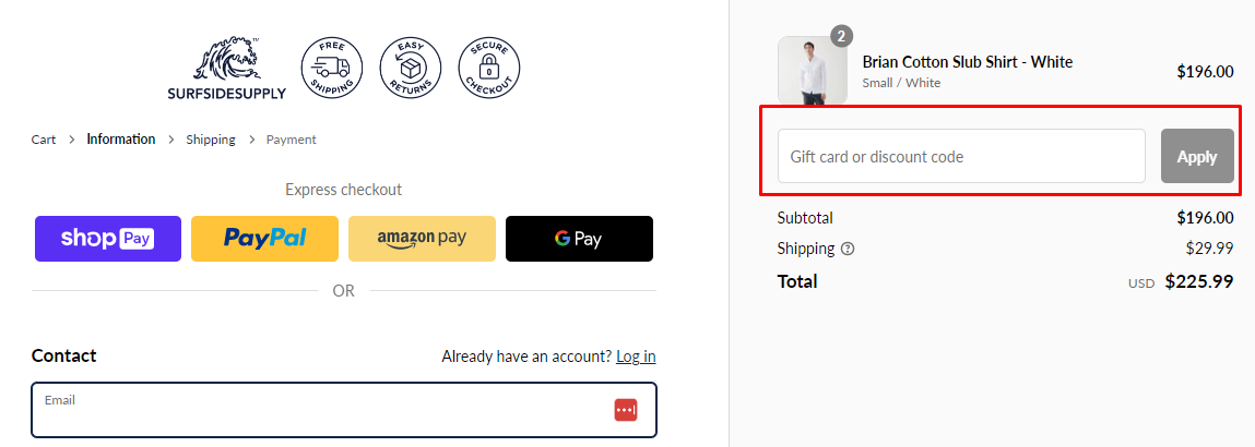 How do I use my Surfside Supply discount code?