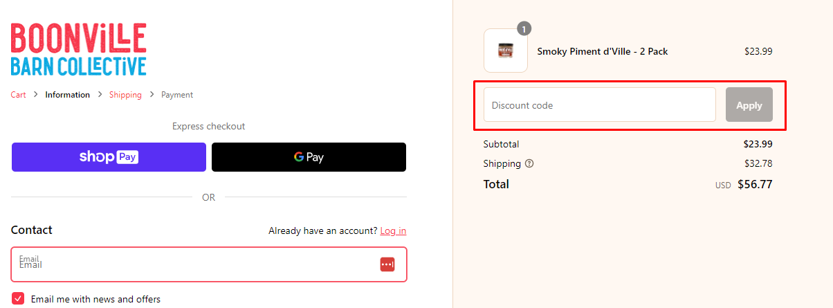 How do I use my Boonville Barn Collective discount code?