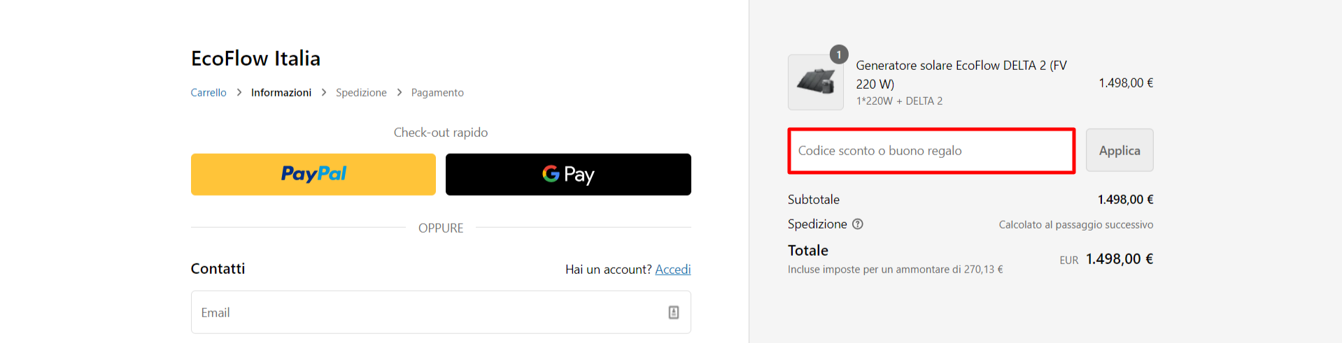 carrello della piattaforma EcoFlow in cui usare un codice sconto EcoFlow