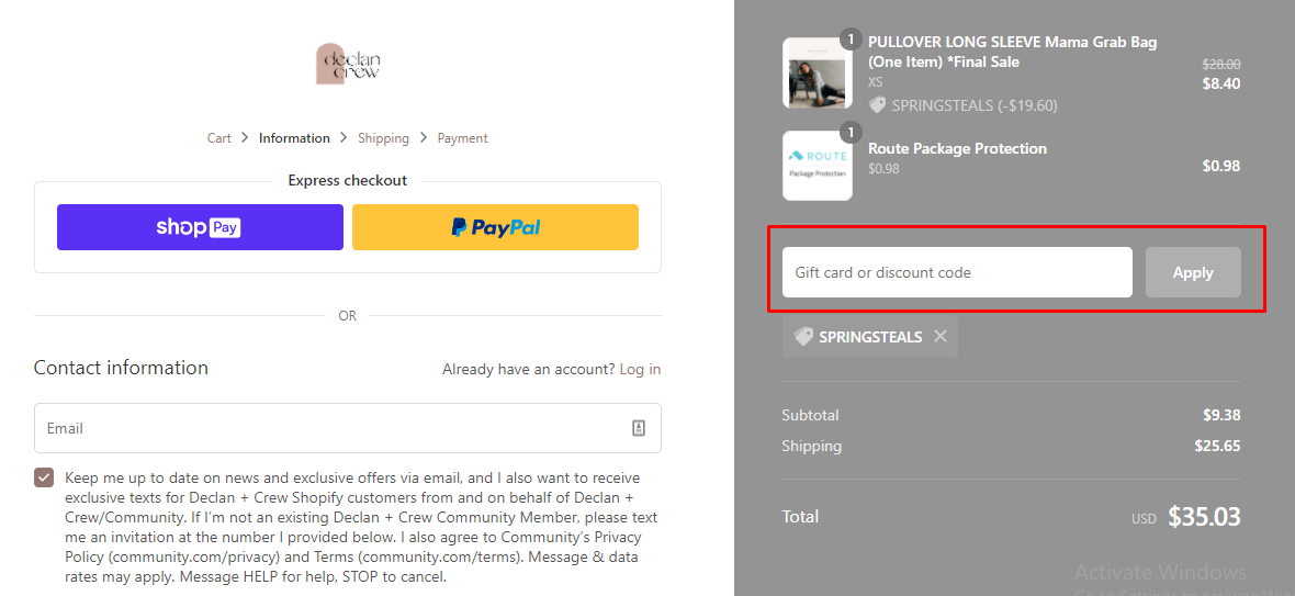 How do I use my Declan + Crew discount code?