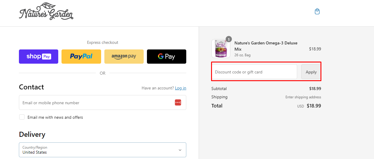 How do I use my Nature’s Garden discount code?