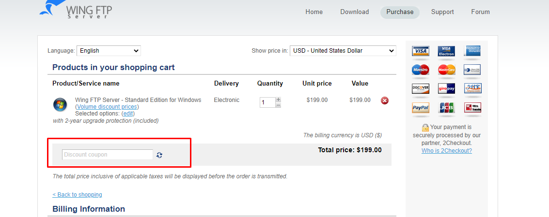 How do I use my Wing FTP Server discount code?
