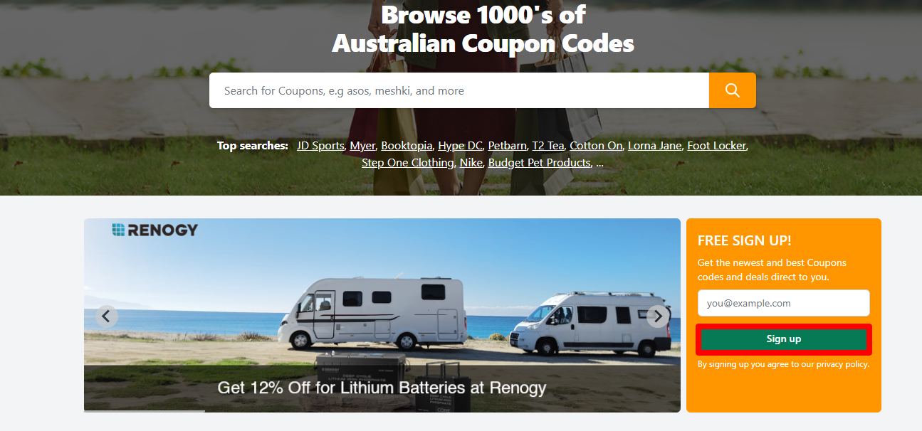 {sites} homepage which shows the customer where to sign up to receive the newsletter