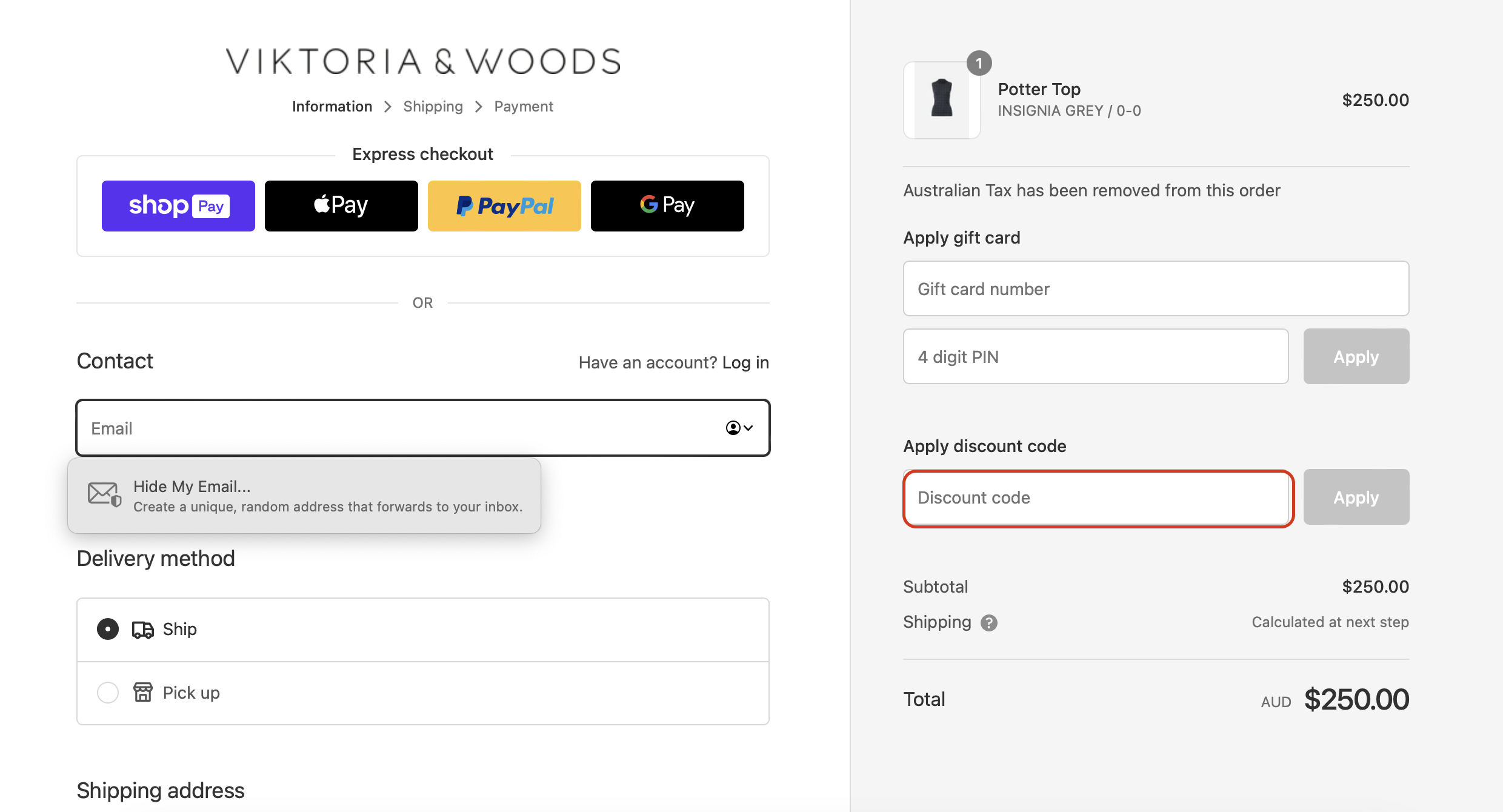 The highlighted red box at the brand checkout page is showing where to add the Viktoria & Woods discount code.