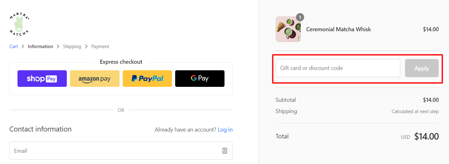 How do I use my Mantra Matcha discount code?