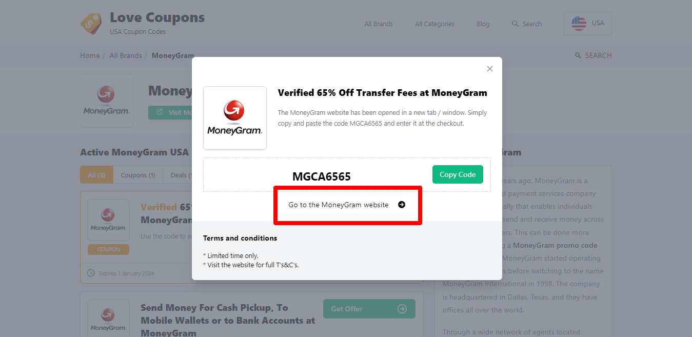 box hovering over a darkened background with a MoneyGram promo code and the “terms and conditions”