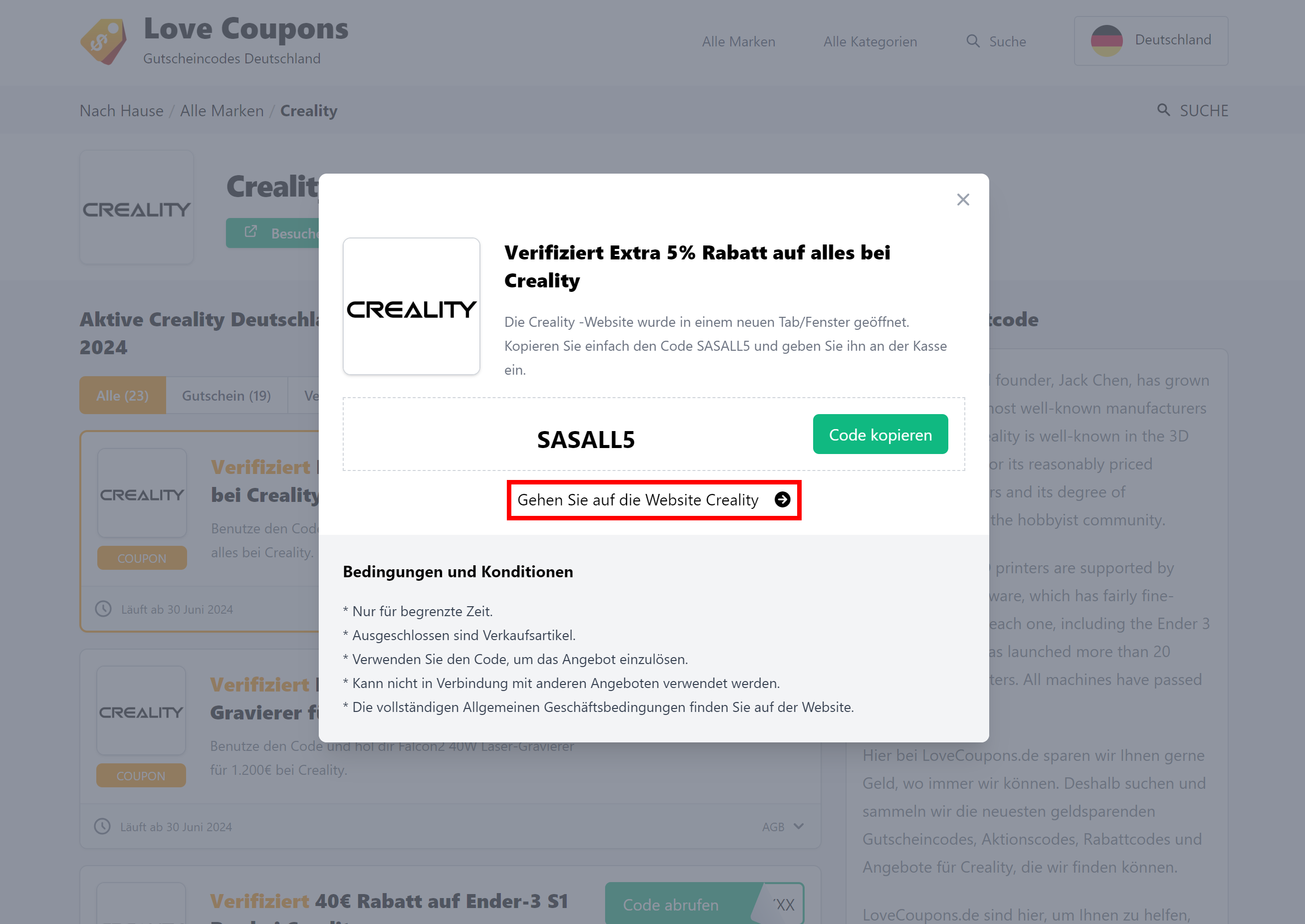 Die Lovecoupons Seite mit einem offenen Creality Rabattcode mit rotmarkiertem Link