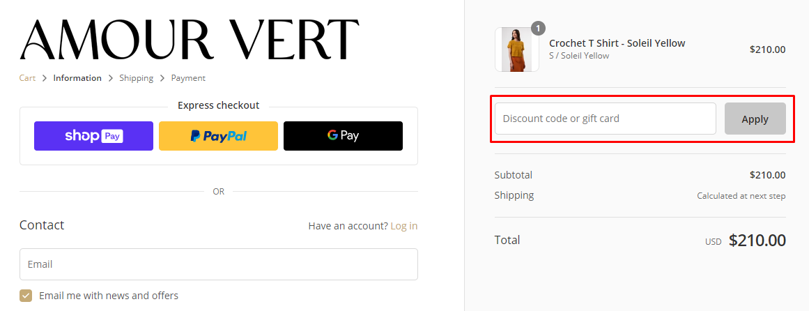 How do I use my Amour Vert discount code?