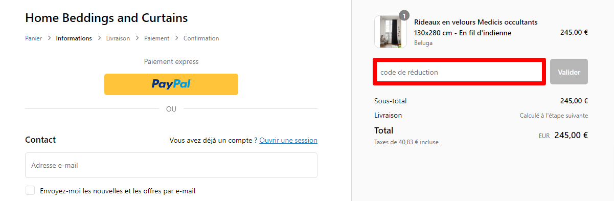 La page de paiement de la marque avec l'endroit où ajouter le bon de réduction Home Beddings & Curtains mis en évidence avec une boîte rouge.