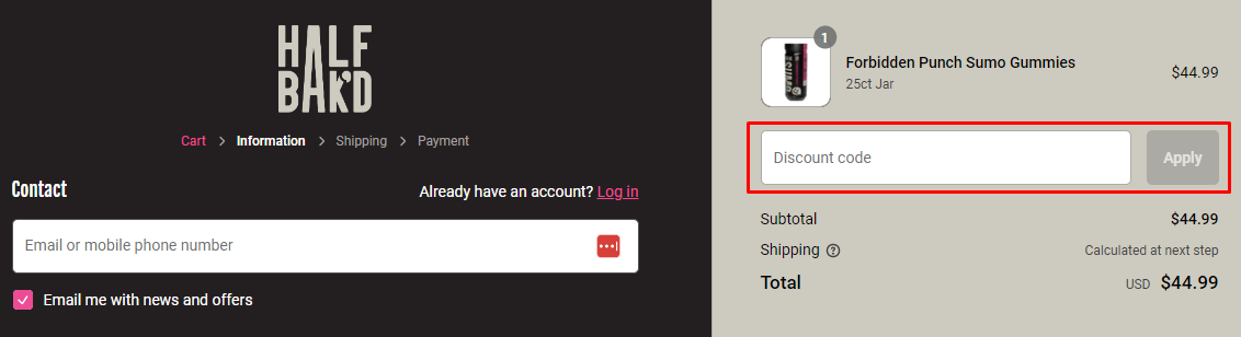 How can I use my HALF BAK'D discount code?