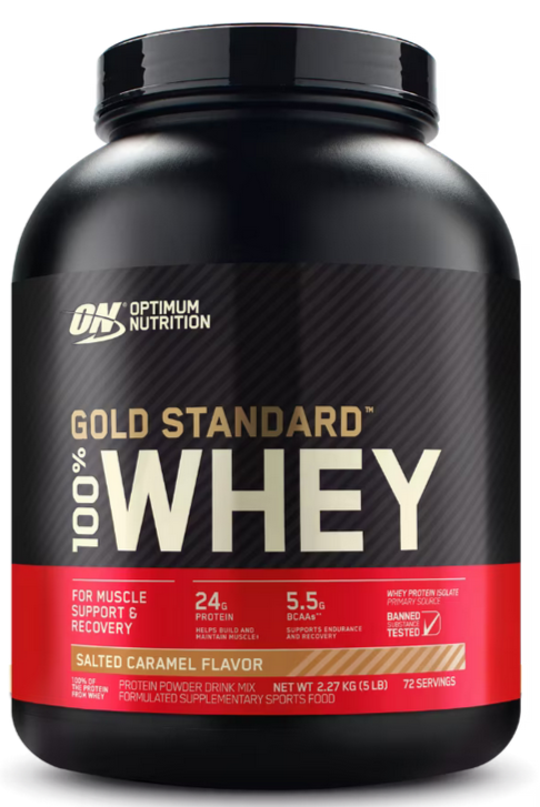 Gold Standard 100% Whey protein in a black and red sachet with composition and instruction written on it all on a white background.