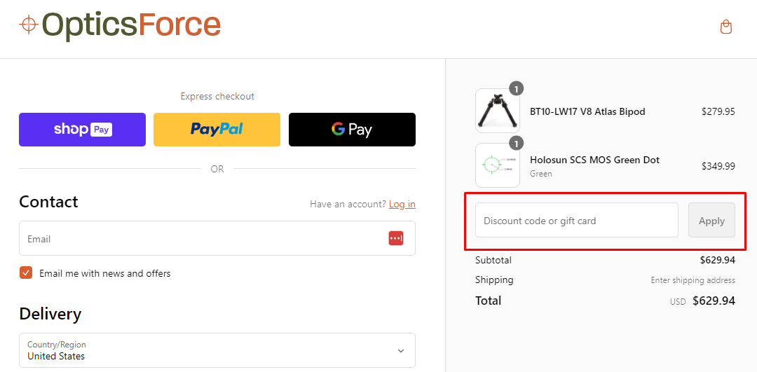 How do I use my OpticsForce discount code?