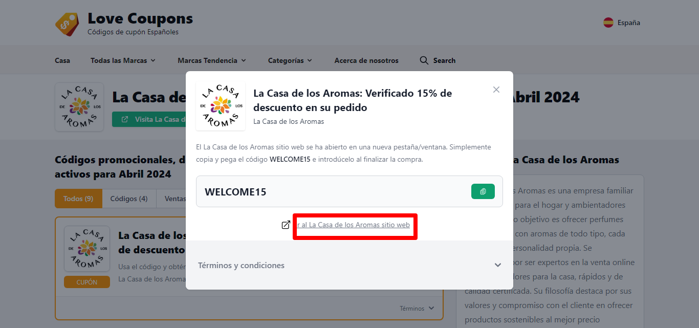 Cuadro mostrado sobre un fondo oscuro de un código descuento de La Casa de los Aromas enseñando los términos y condiciones