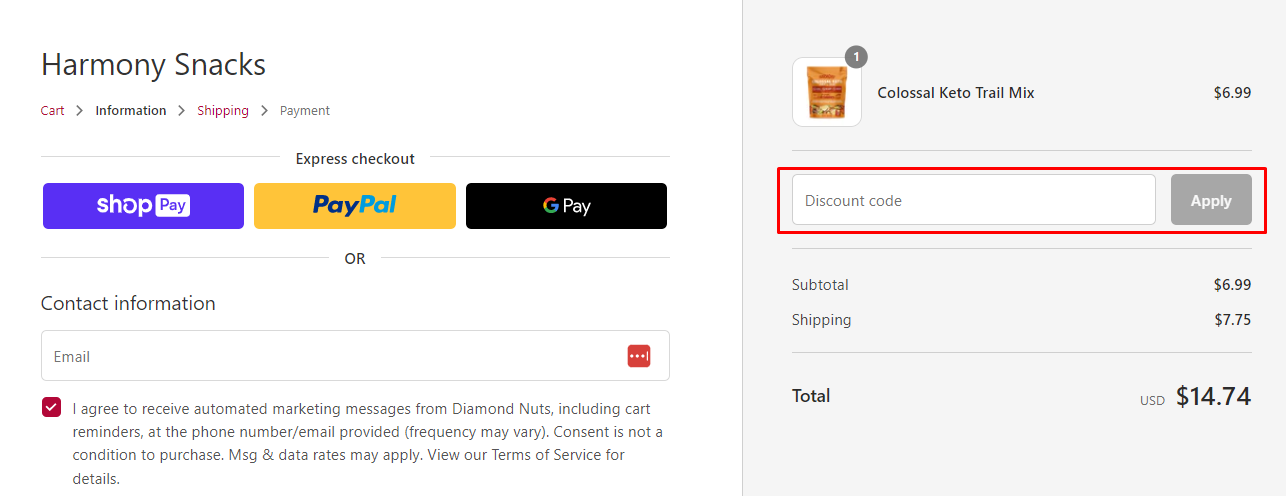 How do I use my Harmony Snack discount code?