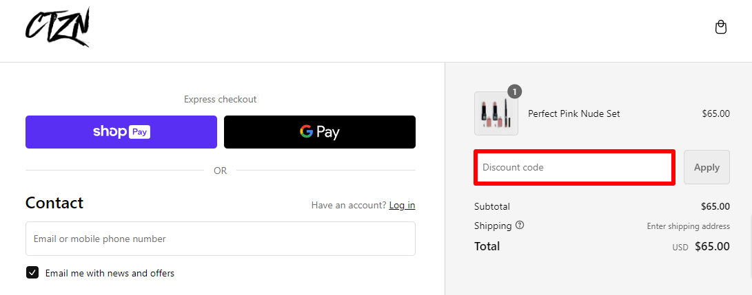 The brand checkout page with where to add the Citizen Cosmetics coupon code highlighted with a red box