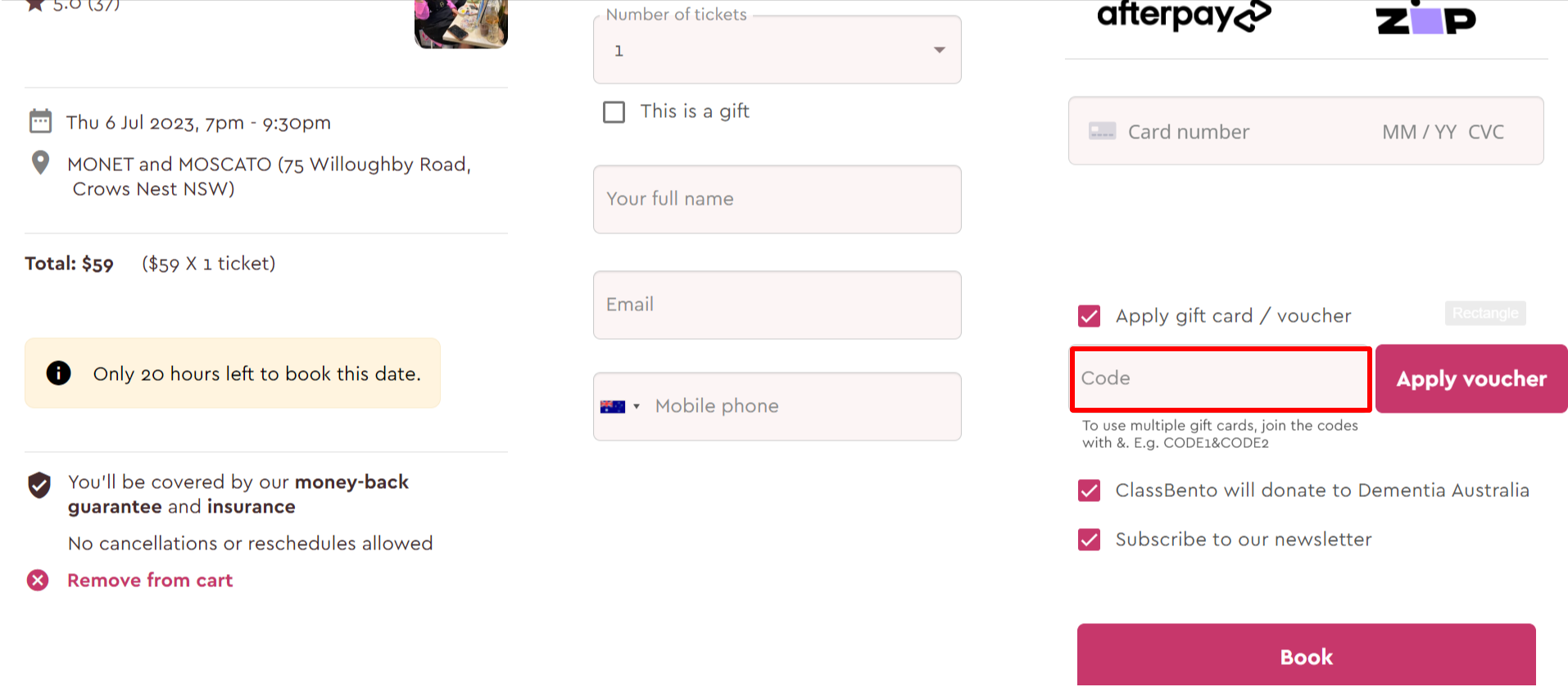 The brand checkout page with where to add the Classbento discount code highlighted with a red box