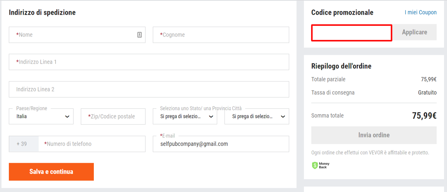 carrello sul sito ufficiale VEVOR per comprare un articolo con pagamento online e risparmiare col codice sconto VEVOR