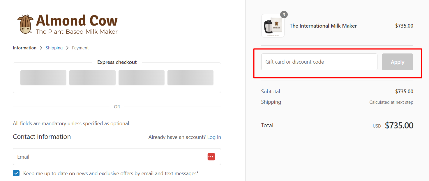 How do I use my Almond Cow discount code?