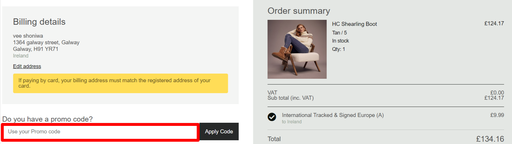 The brand checkout page with where to add the Masdings discount code is highlighted with a red box