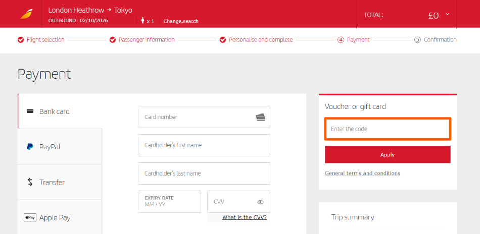 The IBERIA payment page with the discount code box highlighted with a red box