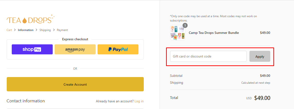 How do I use my Myteadrop discount code?