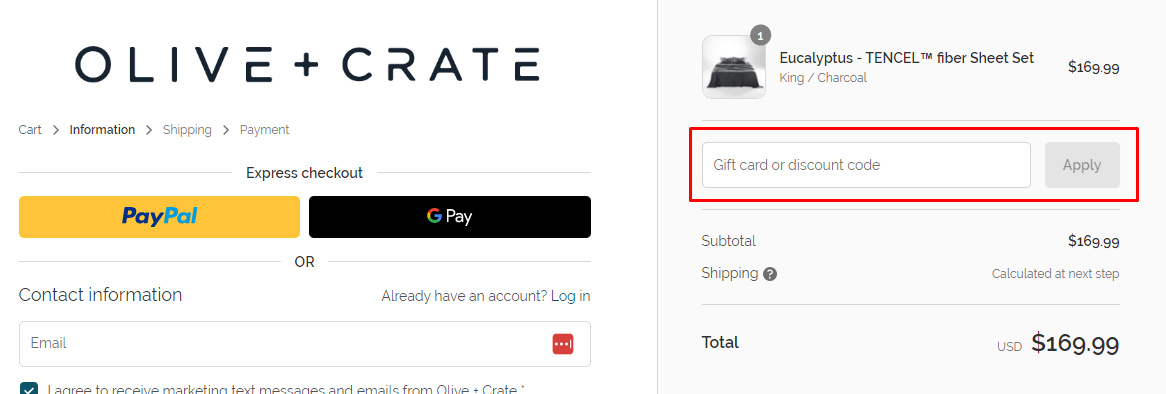 How do I use my Olive + Crate discount code?