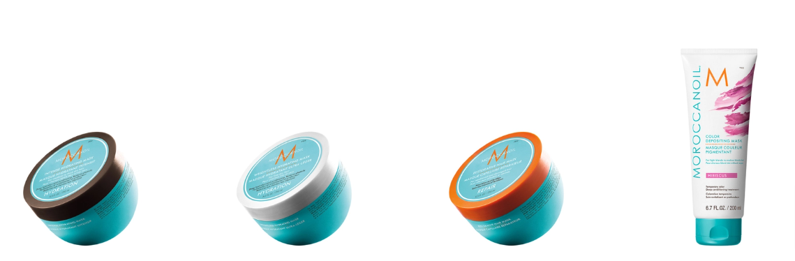 A collage of Moroccanoil masks in blue containers with brown, white and orange leads plus a white tube all on a white background