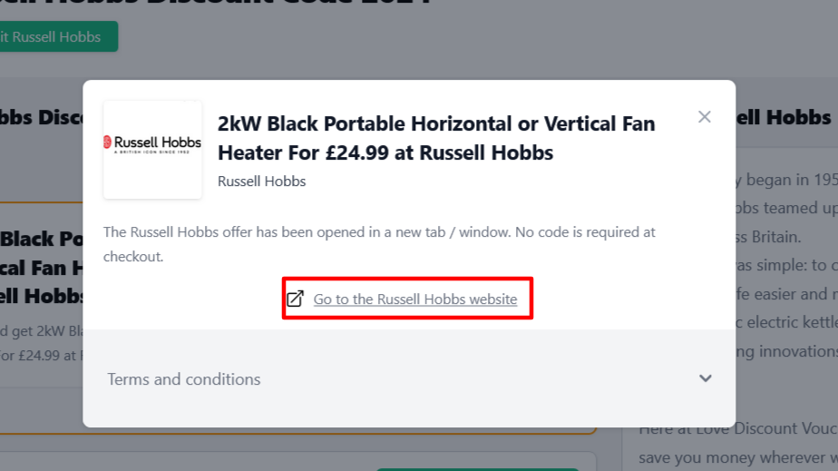 Box displayed on a darkened background of a Russell Hobbs voucher code with the terms and conditions showing