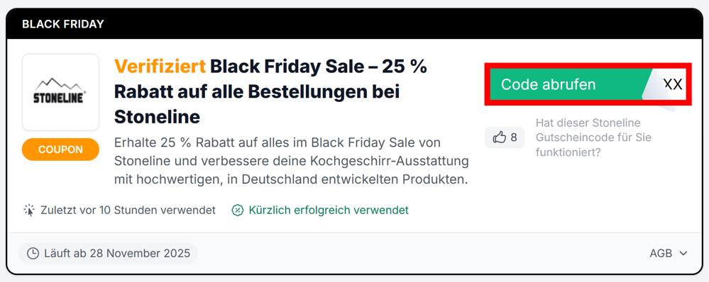 Angaben zu einem Black Friday-Rabatt für Stoneline mit rotmarkiertem grünen Button