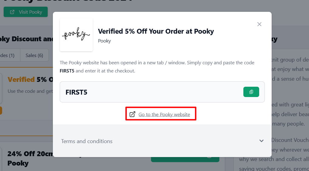 Box displayed on a darkened background of a Pooky discount code with the terms and conditions showing