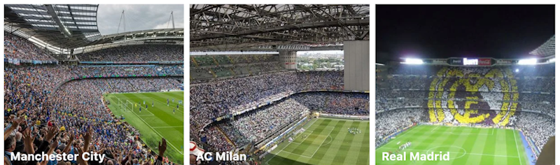 Drei Bilder mit vollen Fußballstadien in verschiedenen Städten der Welt