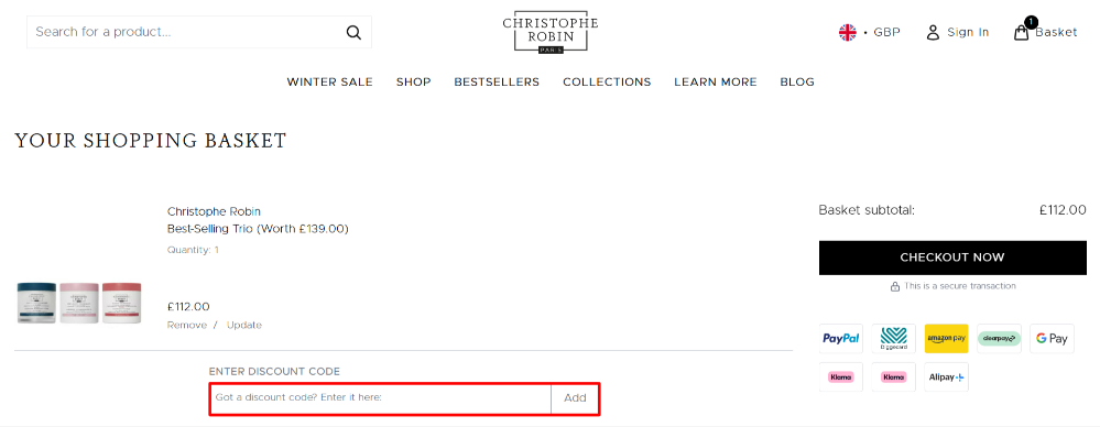 The Christophe Robin shopping basket and the discount code box highlighted in red