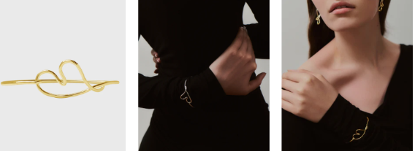 A collage of a bracelet and a woman in black and wearing a gold bracelet