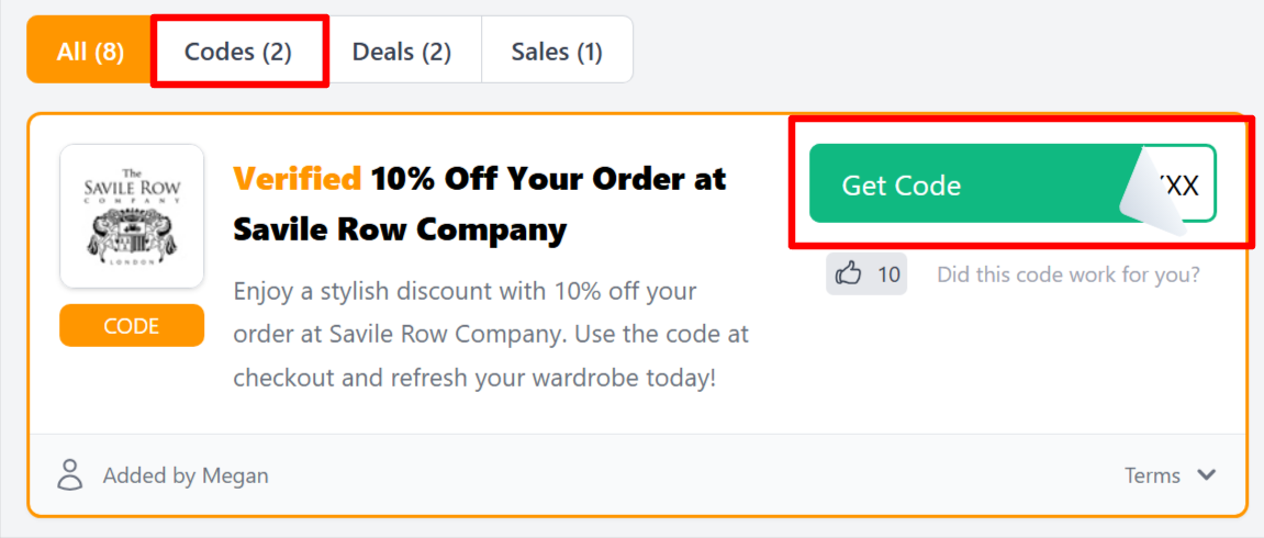 A Savile Row Company offer for customers to use to save money