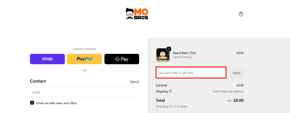 The checkout page for Mo bros, where you paste the code