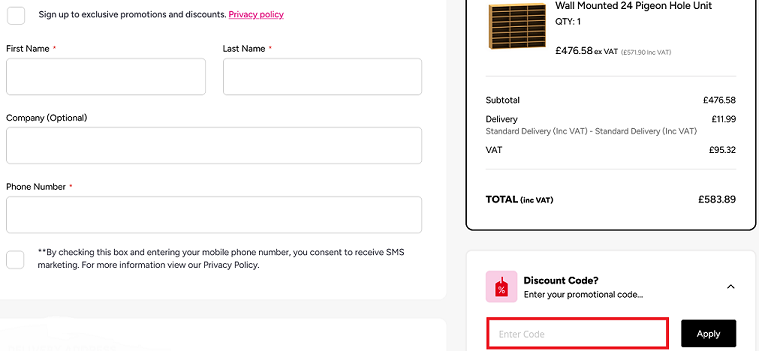 image showing the Cost Cutters checkout page and where you should paste your code, bordered in red