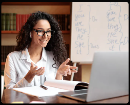 A woman using ClickMeeting app to host an interview session
