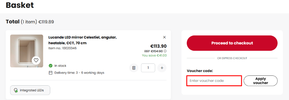 Lights discount code place in the shopping basket