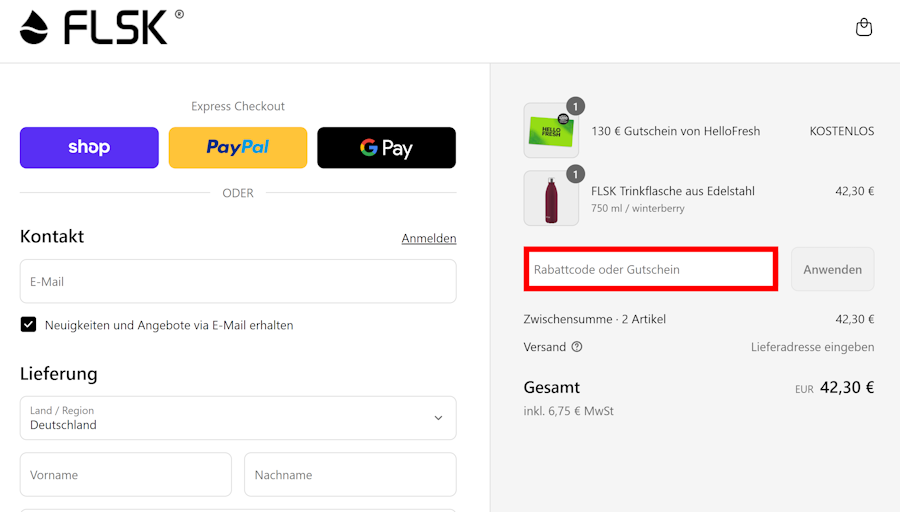 Checkout von FLSK mit einem markierten Eingabefeld für den FLSK Gutscheincode