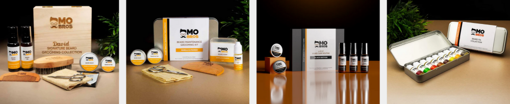 Mo bros’ best beard grooming kits and beard care products displayed on a table