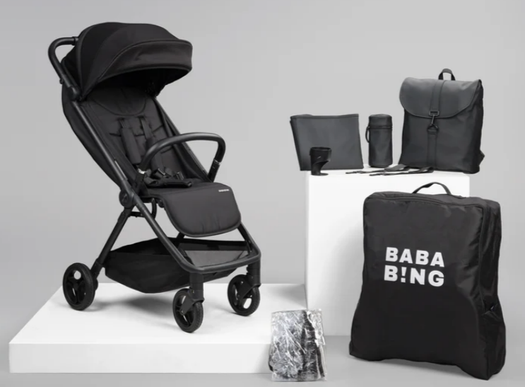 The Bababing Auto Fold Compact Stroller Bundle in Black