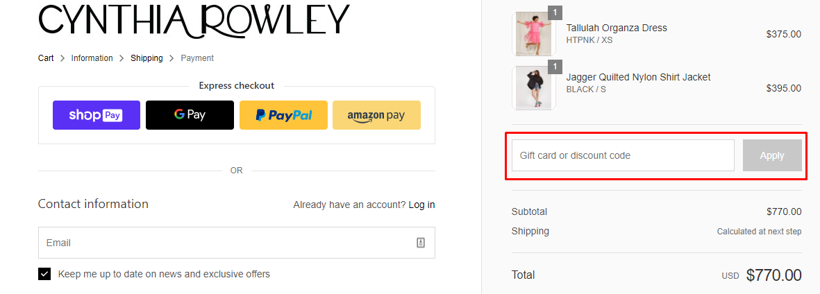 How do I use my Cynthia Rowley discount code?
