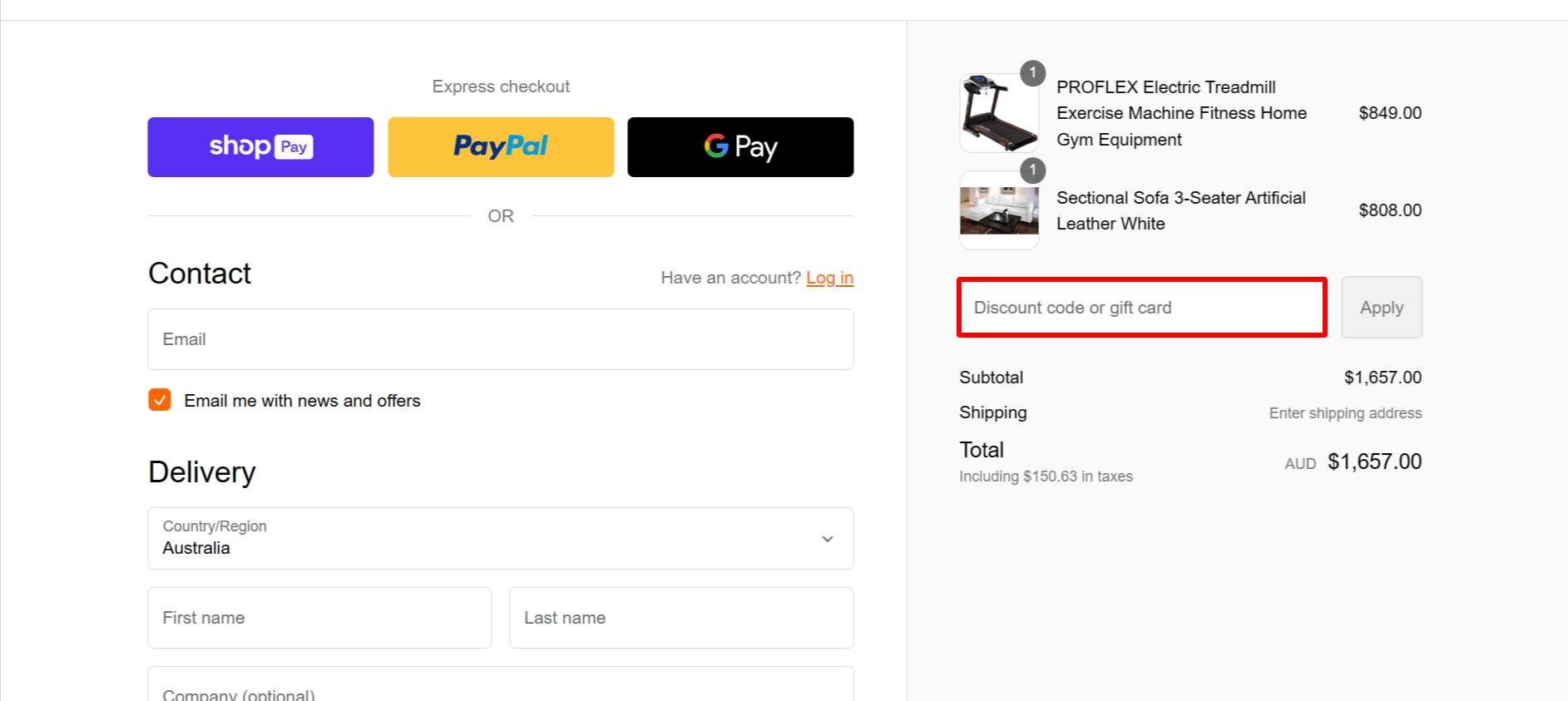 The highlighted red box at the brand checkout page is showing where to add the Kings Warehouse discount code.