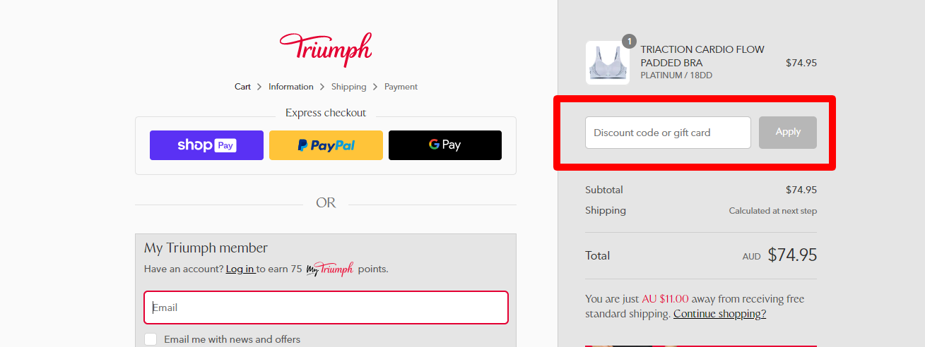 The brand checkout page with where to add the Triumph discount code is highlighted with a red box